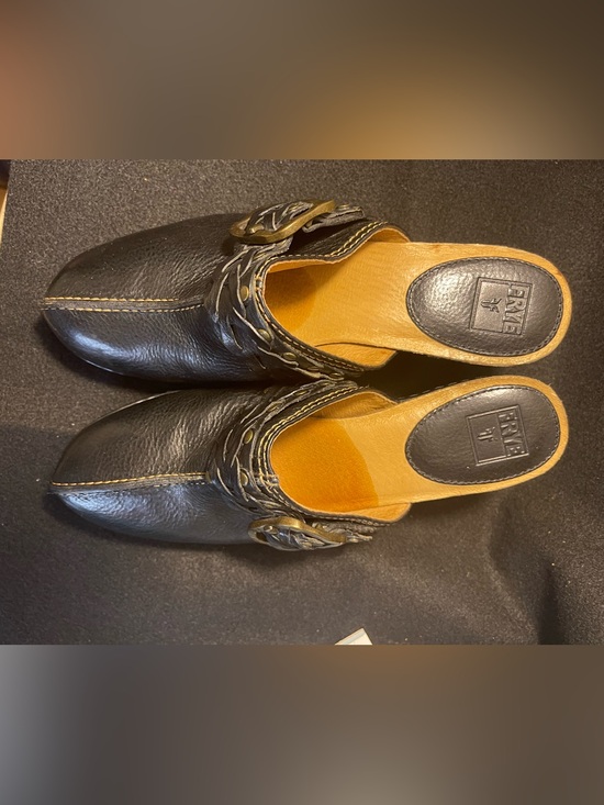 Frye Shoes - Frye Black Leather Slip-On Mule with Buckle Braid